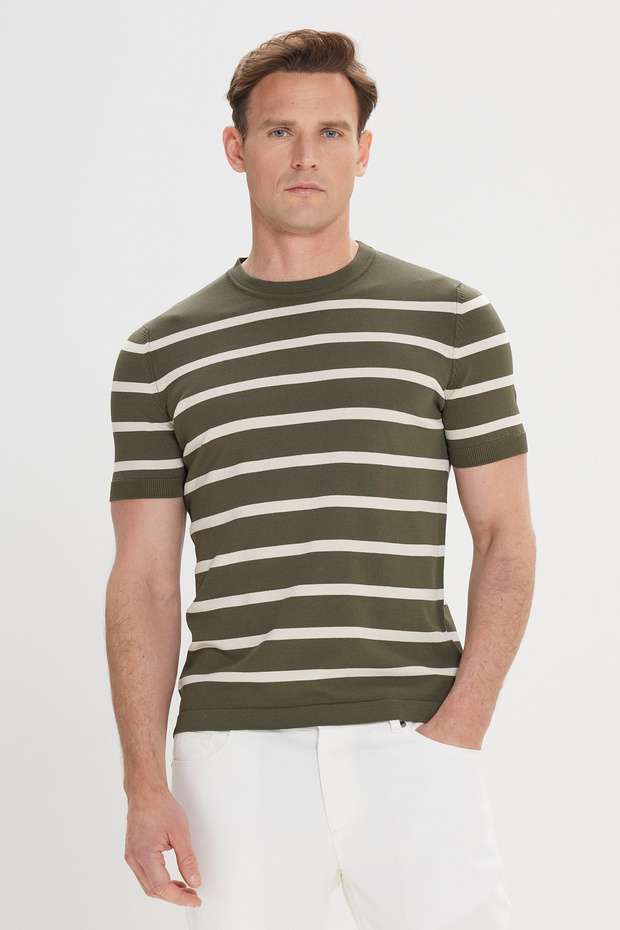 Men's Khaki-Ecru Standard Fit Regular Cut Crew Neck Striped Knitwear T-Shirt