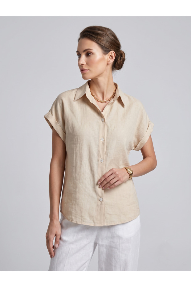 Women's Beige Low-Sleeve Linen Shirt with Buttons, Comfortable Fit, Summer Basic Stylish Shirt