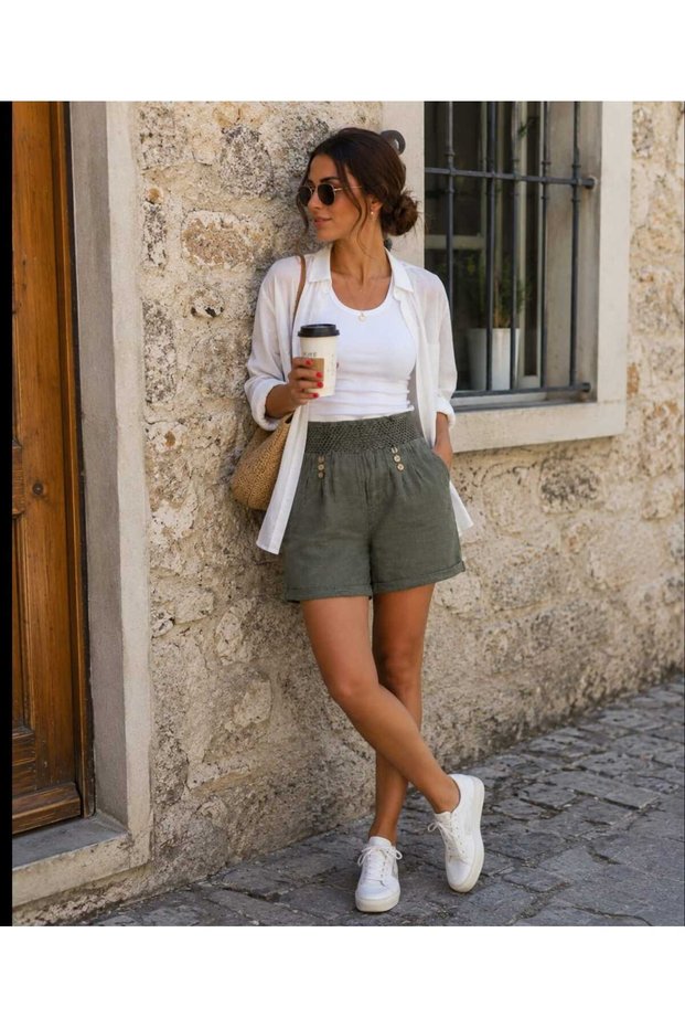 Women's 100% Cotton Linen Summer Shorts with Elastic Waist, Knitted Detail, Buttons and Pockets