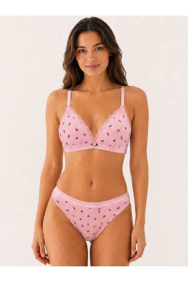 Women's Floral Patterned Lace Detailed Unassisted Triangle Bralet and Panty Underwear Set (80345t)