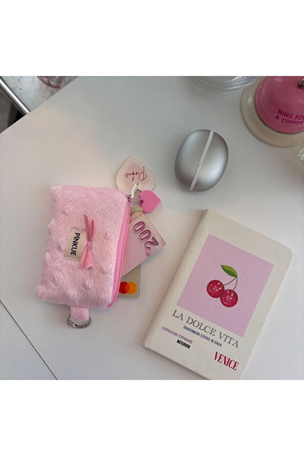 Pink Plush Mini Card Holder & Bag Charm | Card Holder, Coin Purse, Earphone and Keychain Organizer