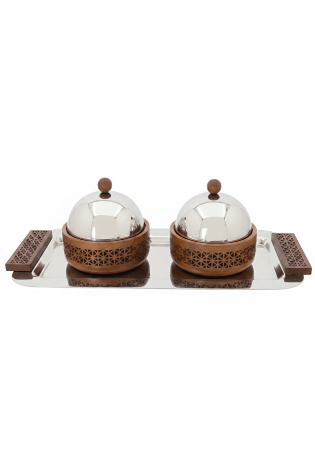 Luhpar Rectangular Stainless Steel Serving Tray with 2 Wooden Bowls & Dome Lids - 44×22×13 cm