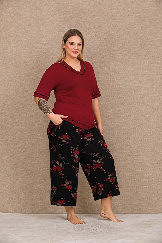 طقم بيجامة نسائي مريح من الفيسكوز بأكمام قصيرة ومقاس كبير وطبعة زهور