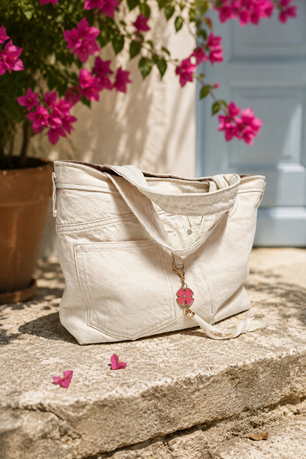 Cream Denim Design Recycling Shoulder Bag with Pockets (with Crossbody Strap as a Gift)