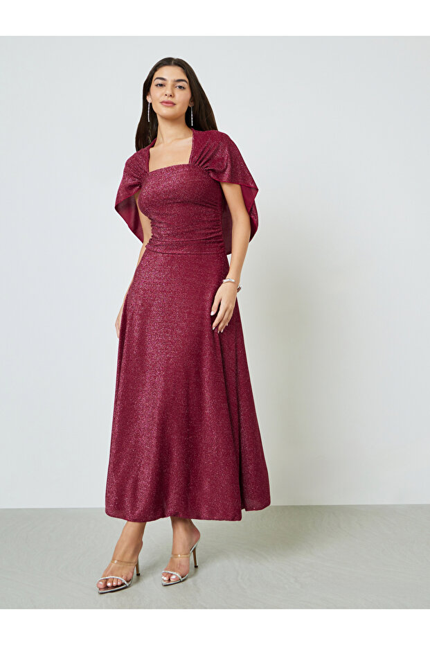 Burgundy Sparkle A-Line Square Neck Maxi Dress