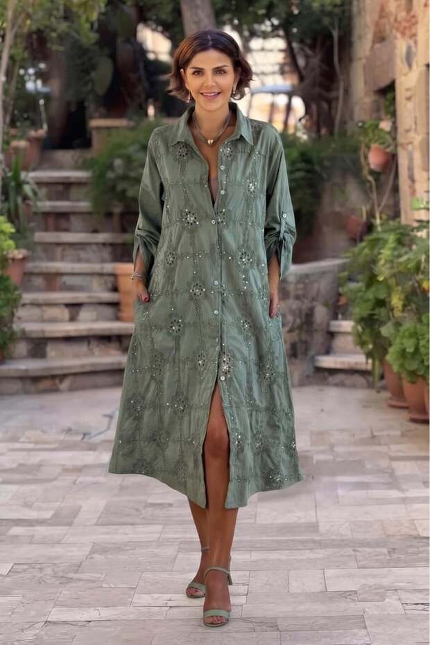 Khaki Sequin Floral Italian Dress