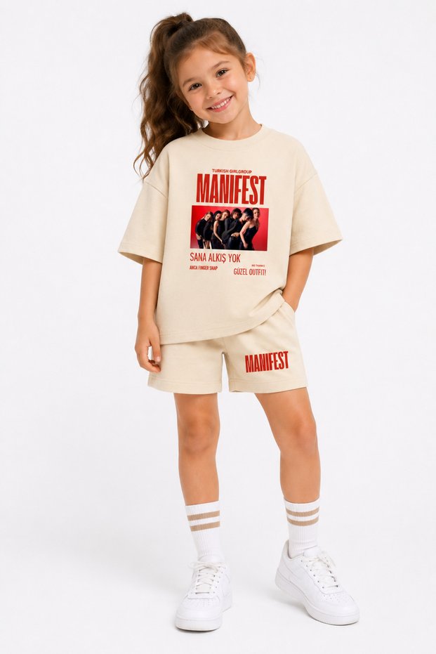 Manifest Girls M6Nifestgirls Printed Oversize 100% Cotton T-Shirt Shorts 2-Piece Children's Set