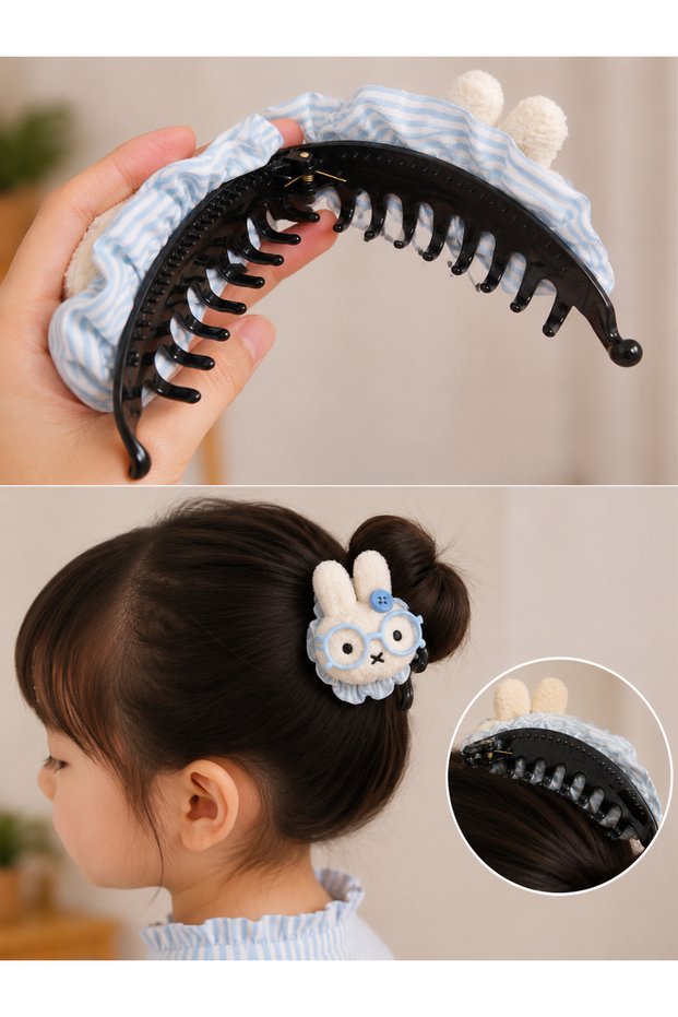 Children's Large Fabric Covered Hair Clip with Rabbit Figure