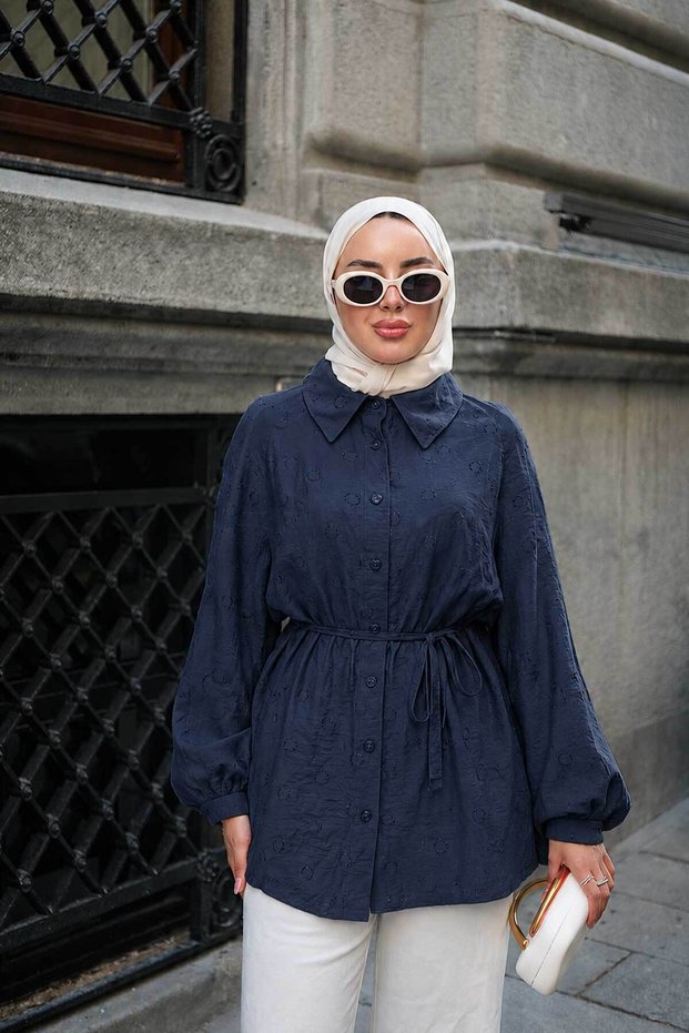 Women's Front Hem Detail Waist Tie Shirt Navy Blue