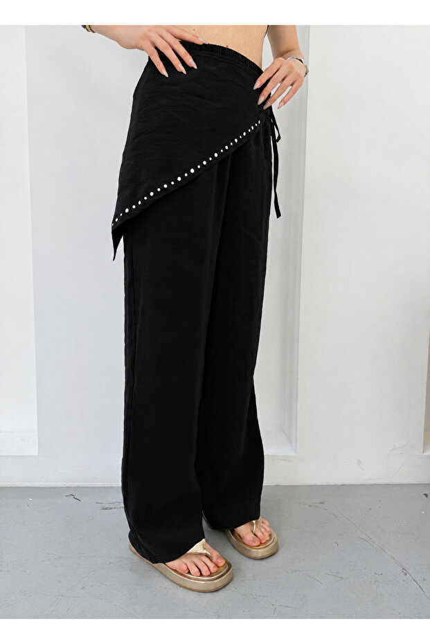 Women's Black Studded Detailed Double-Breasted Belted Modal Trousers Frv0208