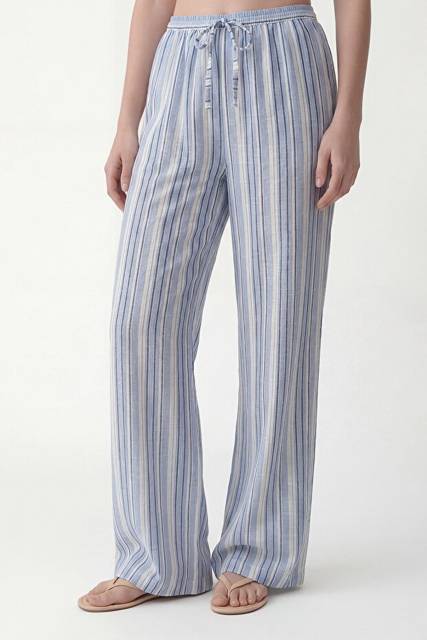 Blue Striped Wide Leg Trousers