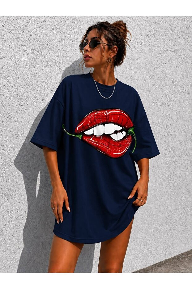 Women's Lip&Pepper Printed Oversize Crew Neck Tunic T-Shirt