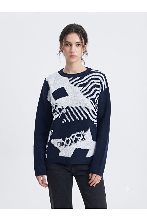 Women's Navy Blue Oversize Patterned Knitwear Sweater