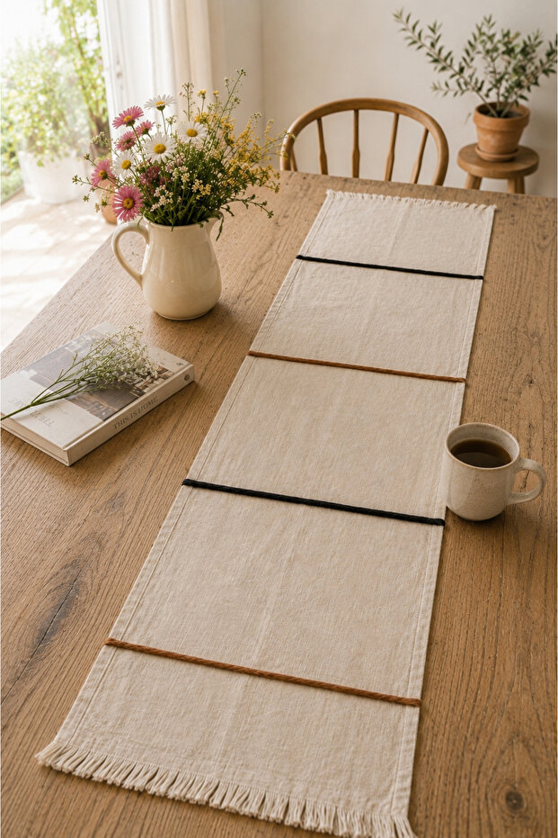 Çeyizlik Natural Raw Linen Runner | Bohemian Decorative Tablecloth Runner