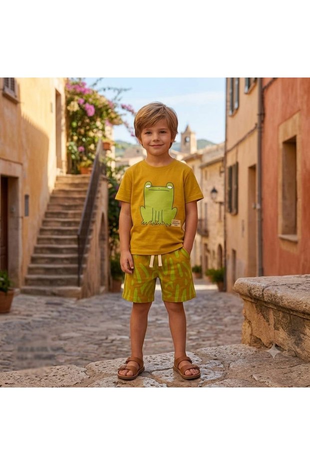 Boy's Cotton Khaki Frog Print T-Shirt and Shorts Set