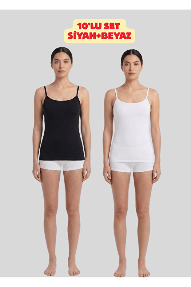 Women's Set of 10 Black-White Color Cotton Lycra Thin Strap Undershirts