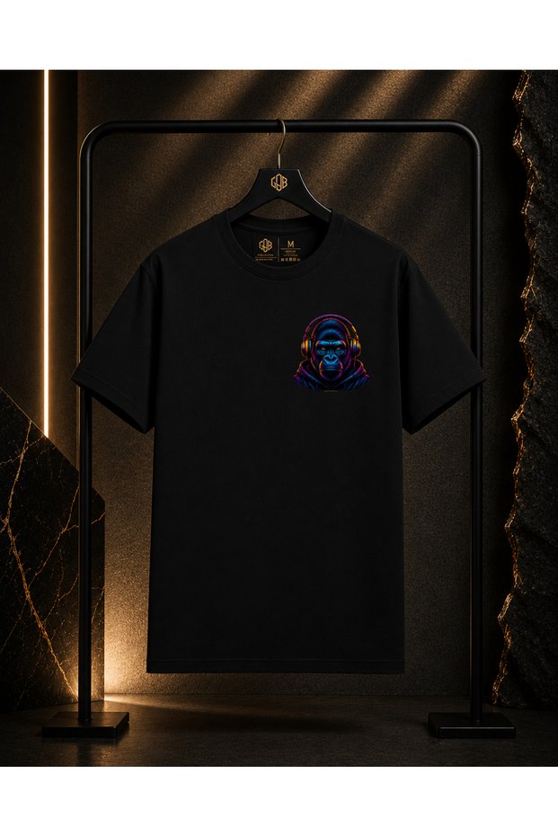Unisex Premium Goril Left Chest Printed 100% Cotton Oversize Crew Neck Short Sleeve T-Shirt Black