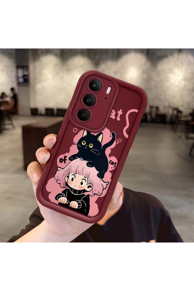 Realme 14X Compatible Case Camera Protector Claret Red Silicone Couple Phone Case Cat Pattern