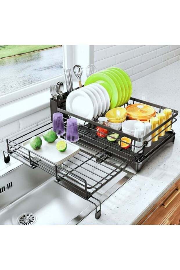 Dish Drying Rack - Extendable Dish Rack, Large Sink Drying Dish Drainer for Kitchen Counter, Stainless Steel Dish Strainer with Utensil Holder, Black (Upgraded version)