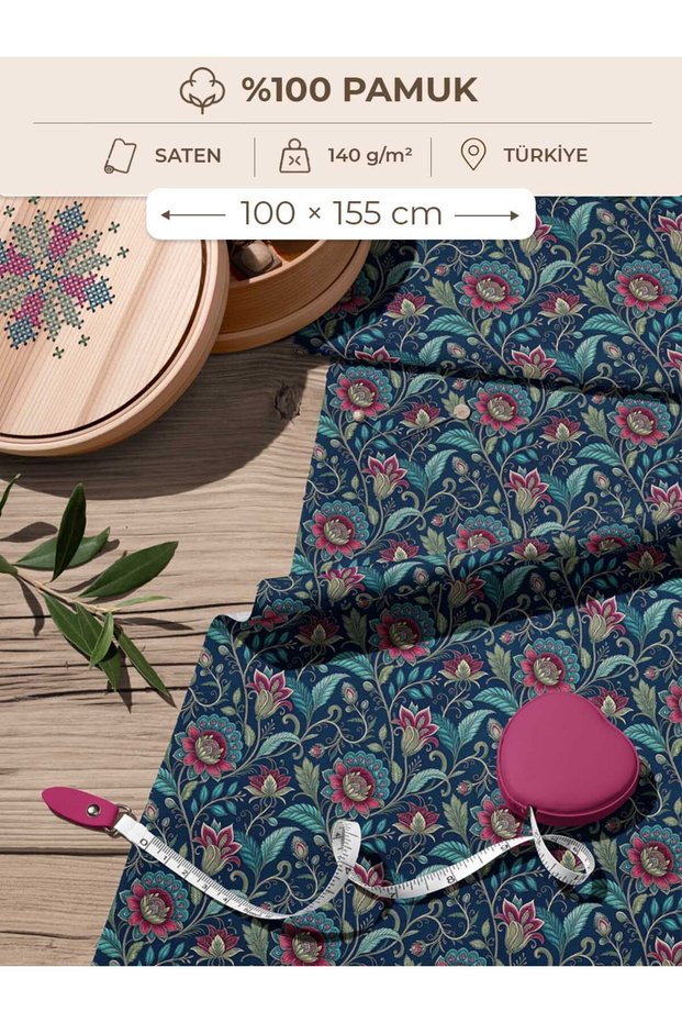 100% Cotton Satin Fabric 100X155 cm Navy Blue Fuchsia Floral Patterned Decorative Patchwork Fabric