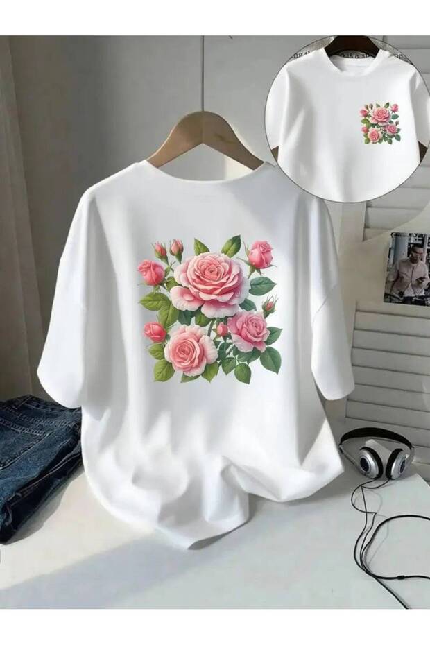 Women's Pink Rose Printed Crew Neck T-Shirt