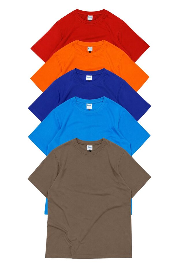 Pack of 5 Unisex Regular Fit Crew Neck T-Shirts (Red Orange Brown Blue Turquoise)