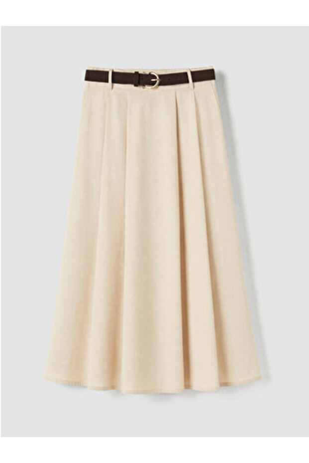 Beige Pleated A-Line Skirt with Belt