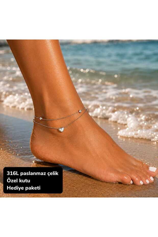 Women's Heart Figured Double Chain Design 316L Stainless Steel Stylish and Elegant Adjustable Anklet