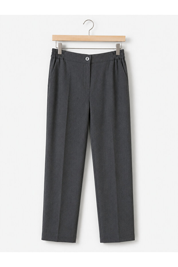 Gray Classic Women's Trousers with Elastic Waist Detail