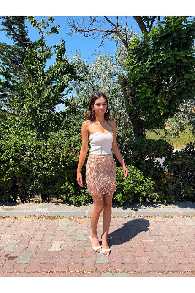 Lined Tasseled Sequin Embroidered Mini Skirt