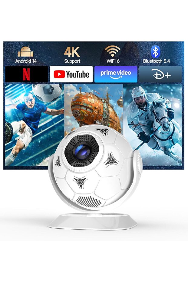جهاز عرض يدعم تقنية 4K، بدقة 720P أصلية، مع واي فاي 6 وبلوتوث 5.4 | نظام أندرويد 14 مدمج، تصحيح تلقائي للانحراف، عرض سقفي بزاوية 360 درجة للمنزل، متوافق مع HDMI وUSB والهواتف المحمولة