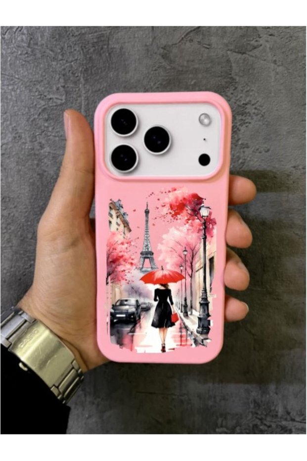 iPhone 17 Pro Max Compatible Red Umbrella and Women with Eiffel Tower Pattern Pink Case