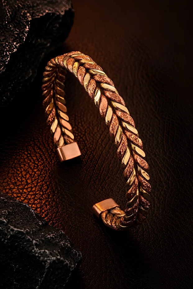 Women's Copper Bracelet Double Color Leaf Motif Weave Model Handcrafted Adjustable Copper Bracelet