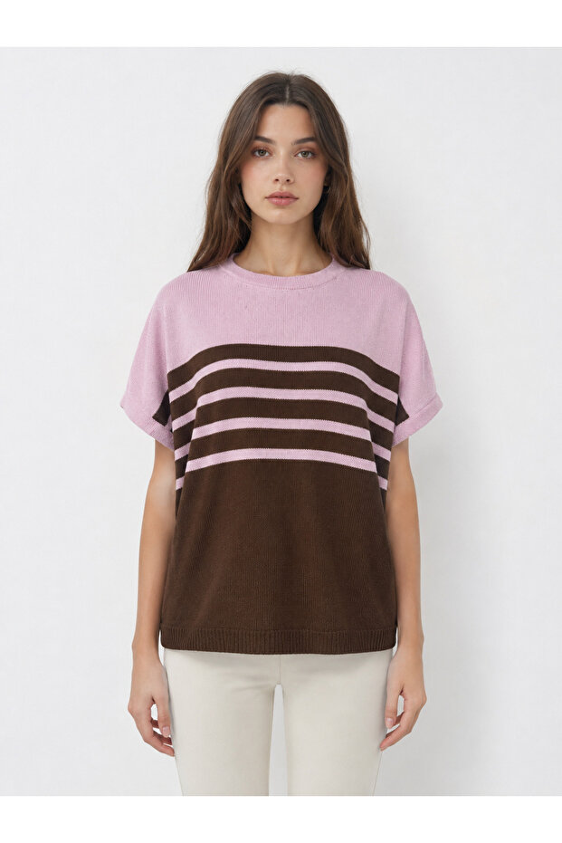 Women's Striped Short Sleeve Knit Sweater