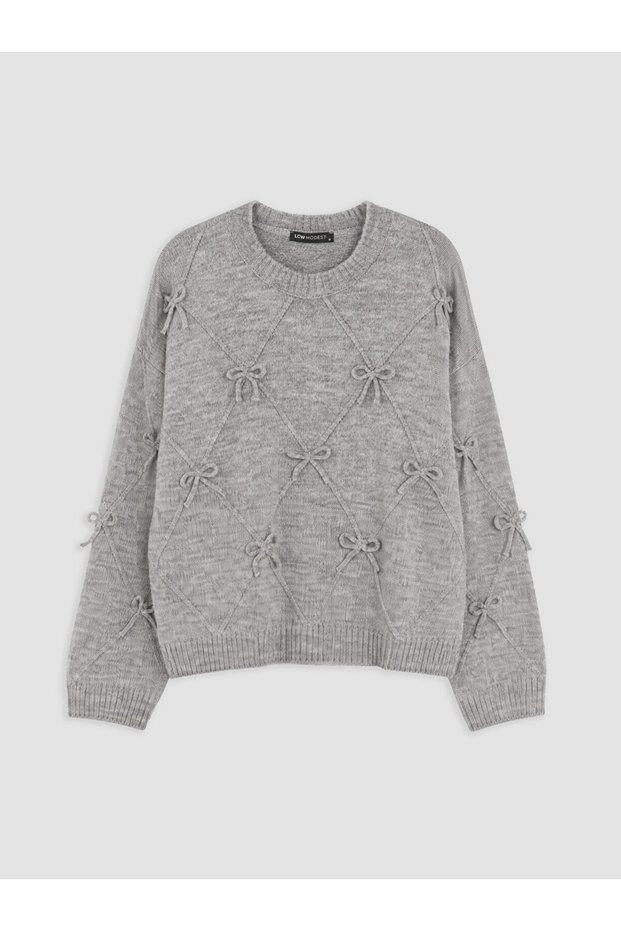 Gray Bow Detailed Women's Knitwear Sweater