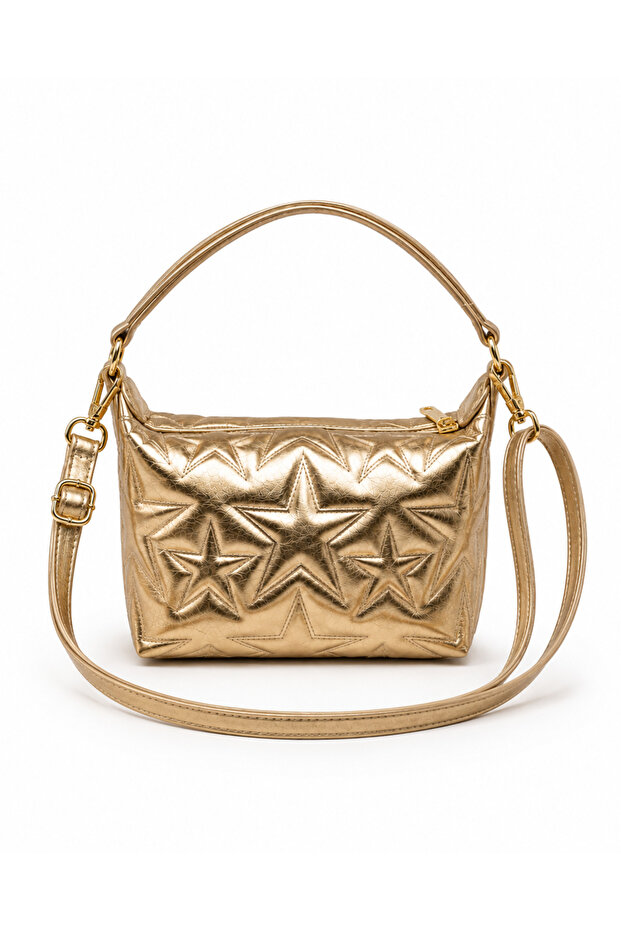 Gold Star Patterned Women's Hand and Shoulder Bag - Crossbody Strap