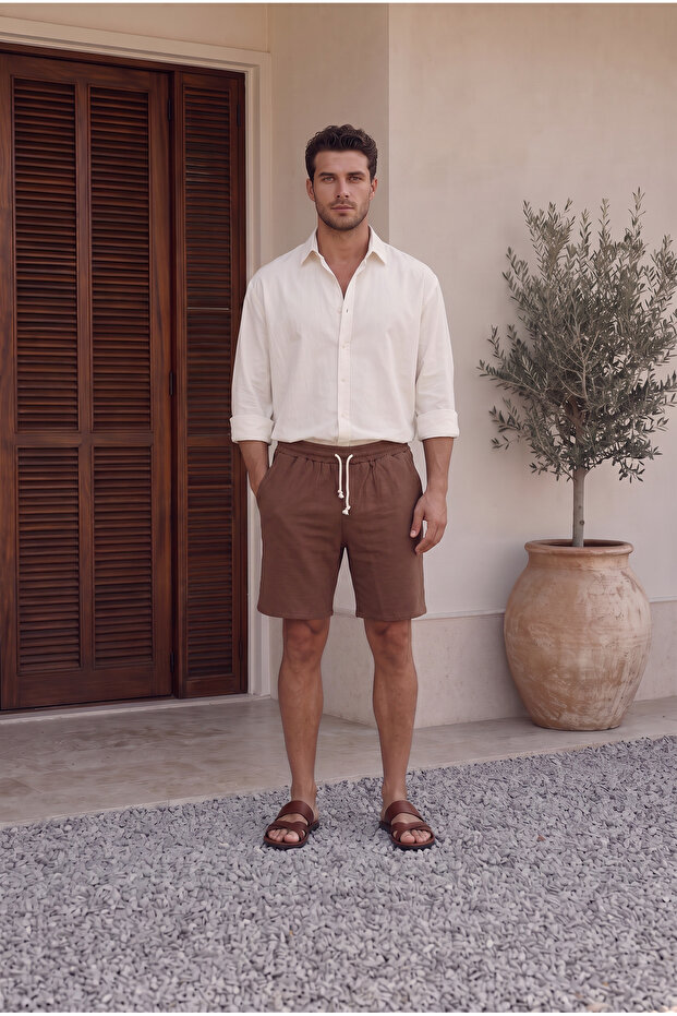 Men's Brown Muslin Fabric Look Woven Shorts Summer Efil Efil with Back Pockets