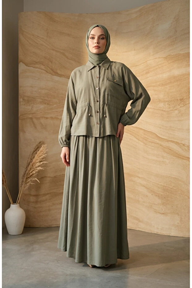 Waist-Tied Buttoned Tunic Skirt Double Set 0318-03 Khaki