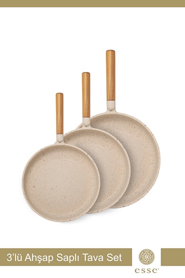 Granite Cast Iron Pan Set with Wooden Handle 16 cm 20cm 24 cm