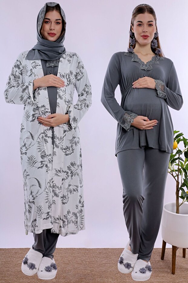 Hijab-Friendly Soft Textured Cotton Robe Maternity Pajama Set Effortt - Smoked