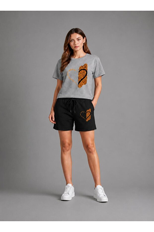 Women's Leopard Heart Patterned Shorts and T-Shirt Set