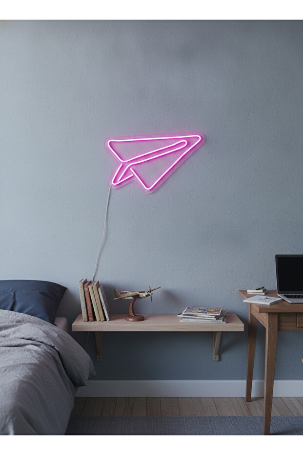 Kağıt Uçak Figürlü LED Neon Duvar Tablosu | Pembe Aydınlatmalı Modern Dekor | Genç Odası - 2