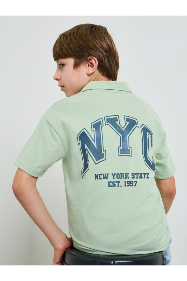 Teen Boys Green Resort Collar Printed Jersey Shirt