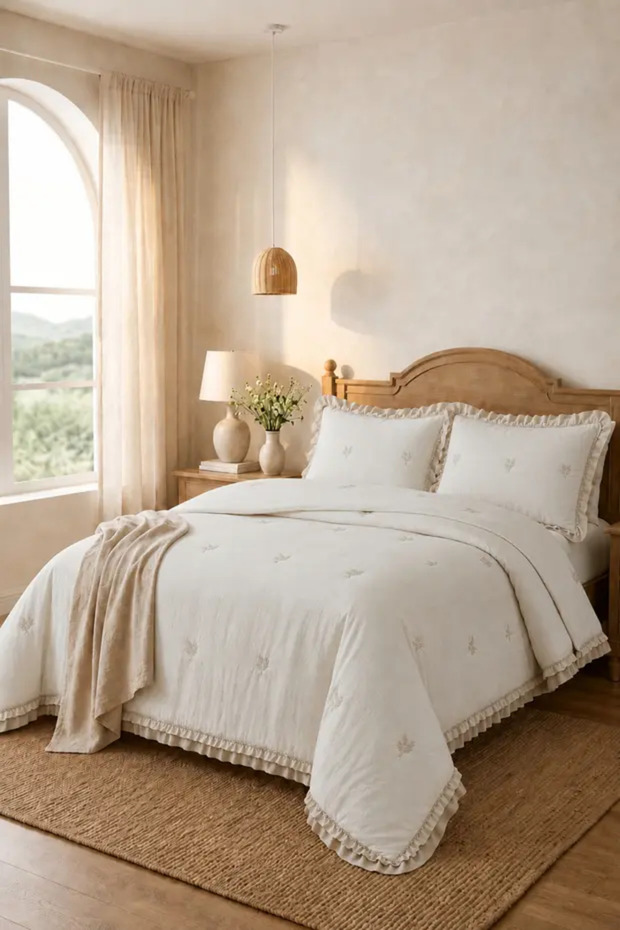 Bella Home Perla Double Embroidered Bedspread Set - 240X260 cm - with Pvc Bag - Daily and Dowry Use - Beige