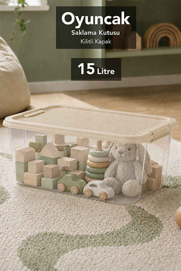 Toy Organizer Box - Baby and Kids Room Item Storage Organizer with Locking Lid 15Lt Beige
