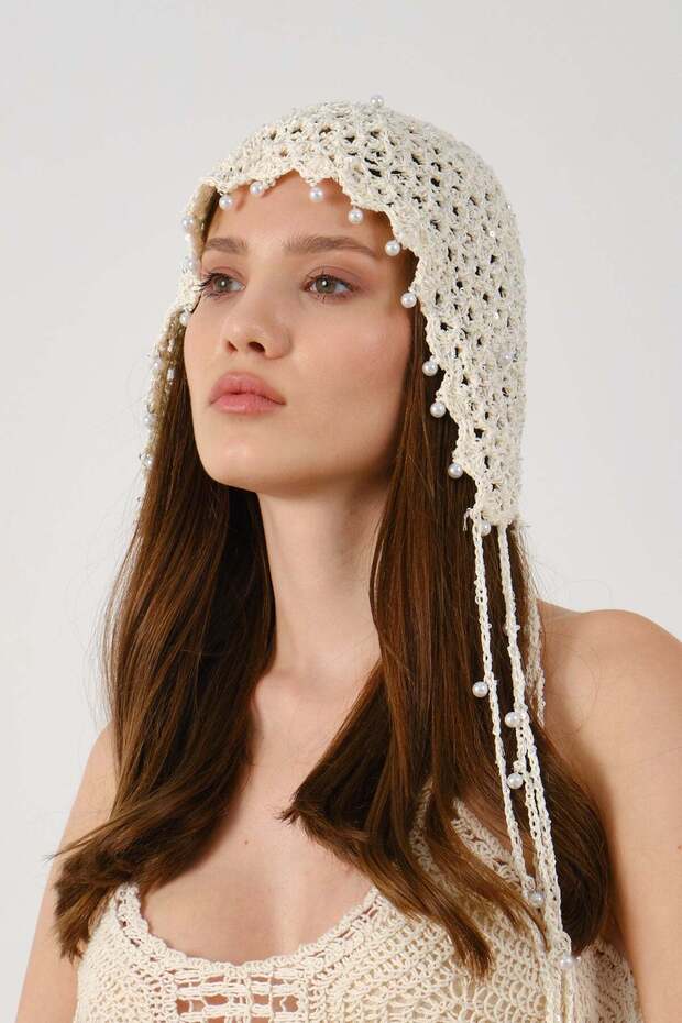 Pearl Detailed Summer Knitted Beanie Y8249 Cream