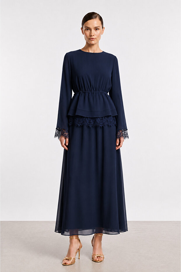 Lace Detailed Skirt Suit - 14494 Dark Blue