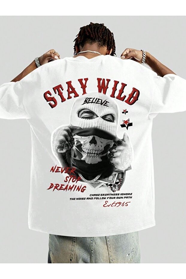 Men's Stay Wild Printed Oversize 100% Cotton Short Sleeve Casual Basic T-Shirt