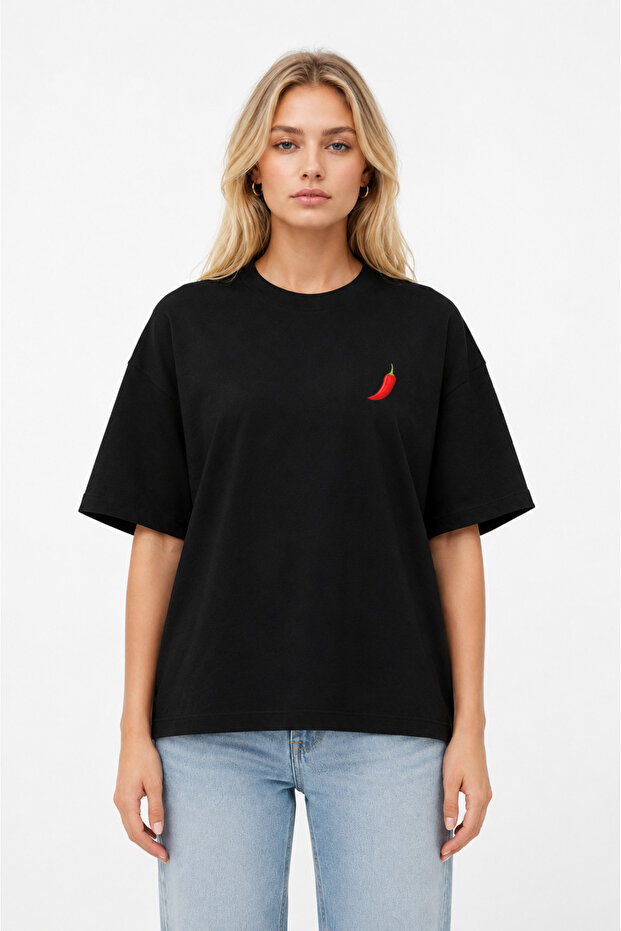 Unisex Women's Men's Red Pepper Logo Front Printed Oversize Thick Fabric Relaxed Fit T-Shirt