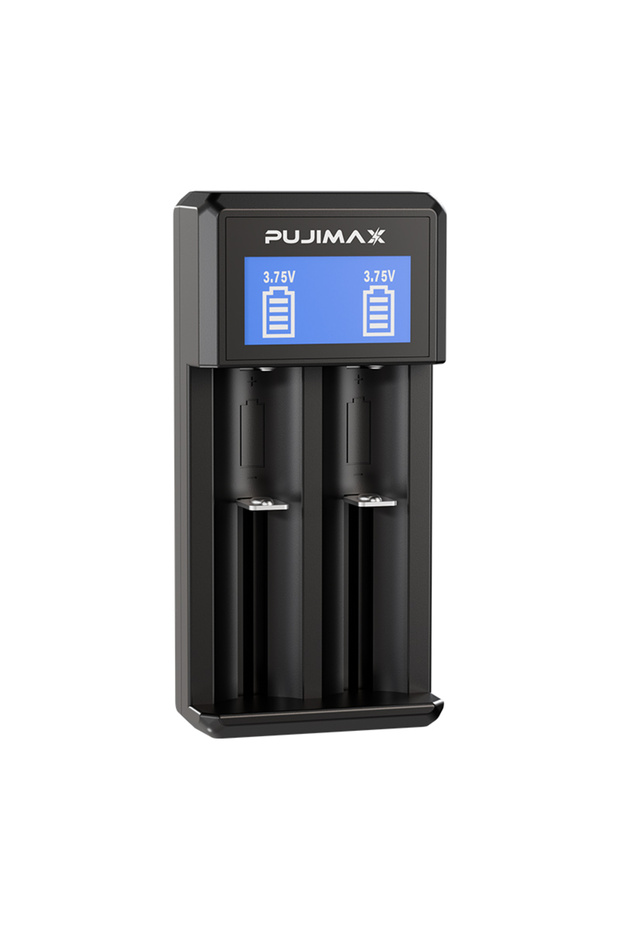 شاحن بطاريات متعدد الوظائف بشاشة LCD من PUJIMAX بفتحتين لبطاريات 18650 و26650 و21700 و18350 وAA وAAA بجهد 3.7 فولت/1 أمبير